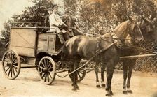 Horse-drawn bread wagon with driver and two errand boys, Sweden, c1910s