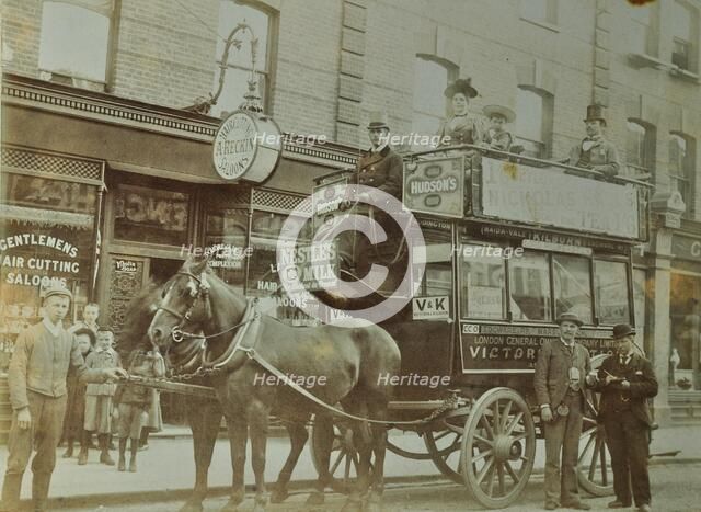 Horse-drawn omnibus and passengers, London, 1900. Artist: Unknown.