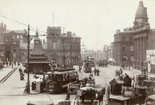 Horse-drawn taxis and electric trams on Fitzalan Square, Sheffield, Yorkshire, c1900 Creator: GW Wilson and Company