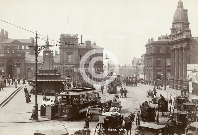 Horse-drawn taxis and electric trams on Fitzalan Square, Sheffield, Yorkshire, c1900 Creator: GW Wilson and Company.