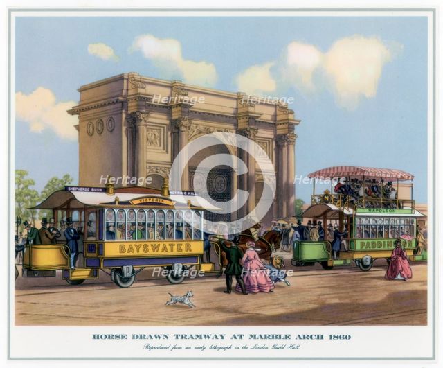 'Horse Drawn Tramway at Marble Arch', 1860. Artist: Unknown