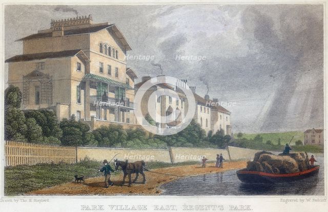 Horse hauling a barge on the Regent's Canal at Park Village East, London, 1829. Creator: W Radcliff.