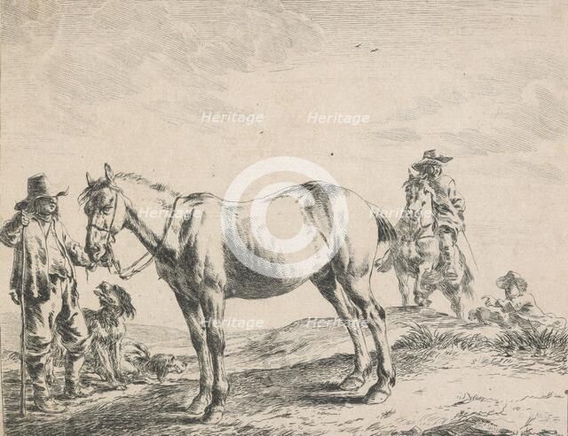 Horse, peasant, man and two dogs, 1651. Creator: Dirck Stoop.