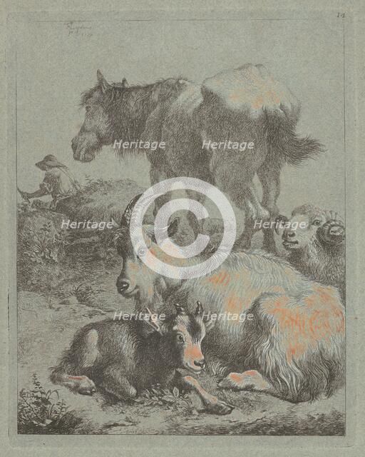 Horse, Ram, Goat with Kid; In the Distance a Shepherd with Flock, 1759. Creator: Francesco Londonio.