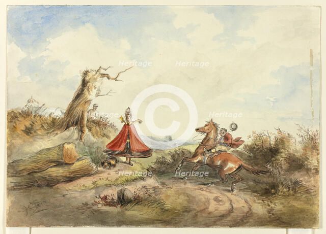 Horse with Rider Shying Away From Woman with Dog, c. 1860. Creator: Hablot Knight Browne.
