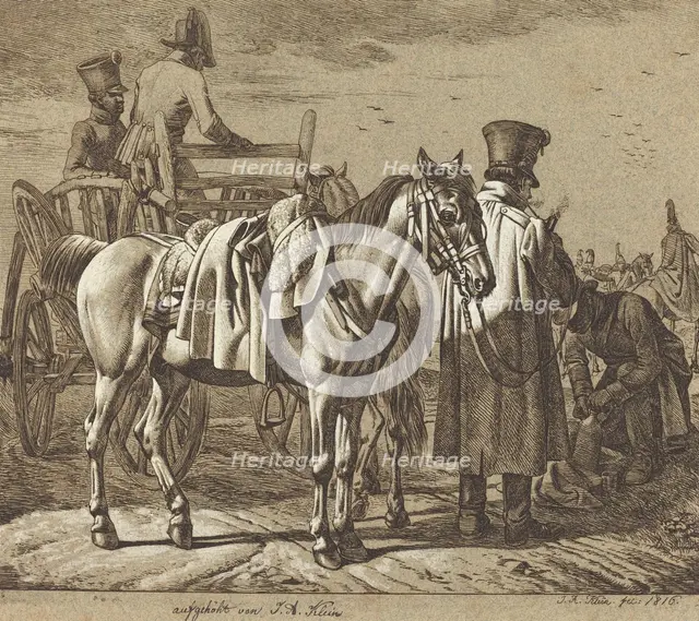 Horse with Soldiers Smoking Pipe/Military Scene, 1816. Creator: Johann Adam Klein.