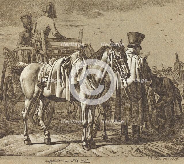 Horse with Soldiers Smoking Pipe/Military Scene, 1816. Creator: Johann Adam Klein.