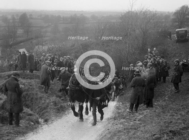 Horse towing a car up Ibberton Hill, Dorset, MCC Exeter Trial, 1930. Artist: Bill Brunell.