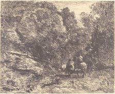 Horseman and Vagabond in the Forest (Le Cavalier en forêt et le piéton), 1854. Creator: Jean-Baptiste-Camille Corot