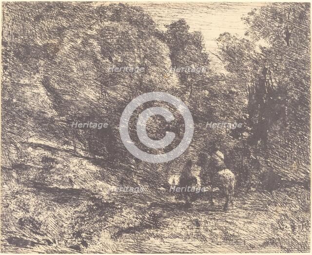 Horseman and Vagabond in the Forest (Le Cavalier en forêt et le piéton), 1854. Creator: Jean-Baptiste-Camille Corot.