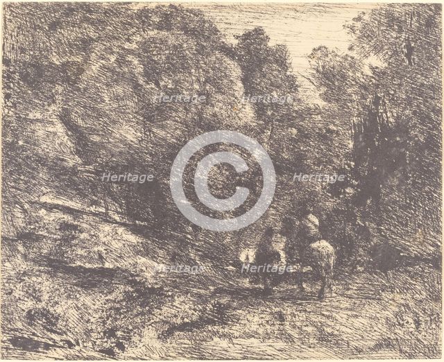 Horseman and Vagabond in the Forest (Le Cavalier en forêt et le piéton), 1854. Creator: Jean-Baptiste-Camille Corot.
