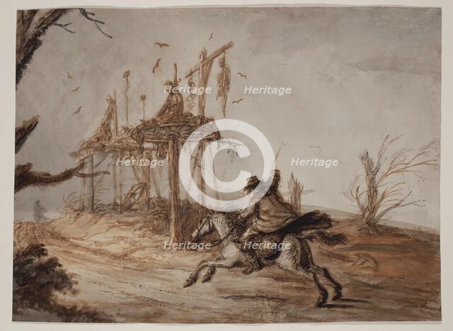 Horseman in a Landscape of Hanged and Gibbeted Men, c1800. Creator: Henry William Bunbury.