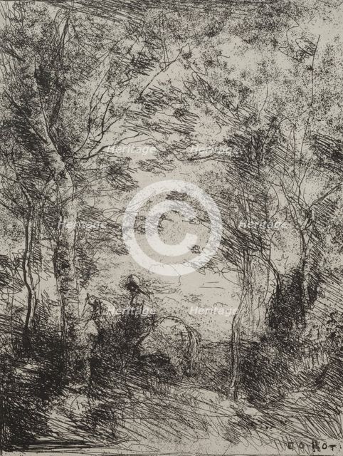 Horseman in the Woods, original impression 1854, printed in 1921. Creator: Jean Baptiste Camille Corot (French, 1796-1875); M. Le Garrec.