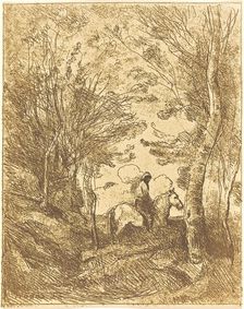 Horseman in the Woods, Large Plate (Le Grand Cavalier sous bois), c. 1854. Creator: Jean-Baptiste-Camille Corot