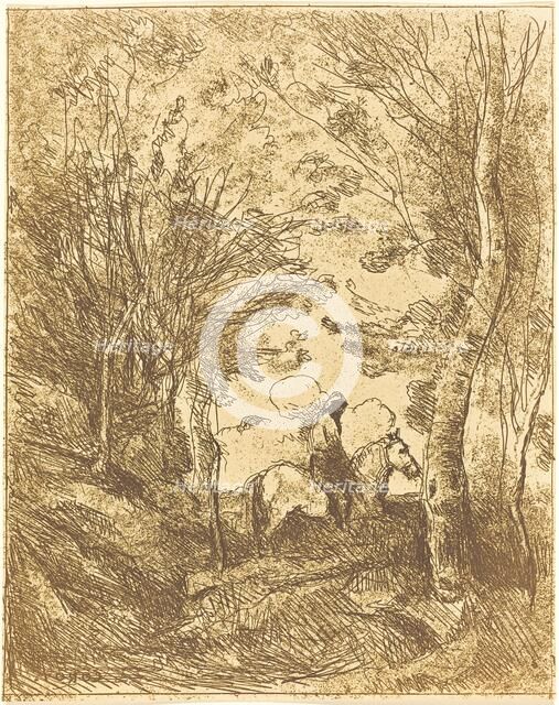 Horseman in the Woods, Large Plate (Le Grand Cavalier sous bois), c. 1854. Creator: Jean-Baptiste-Camille Corot.