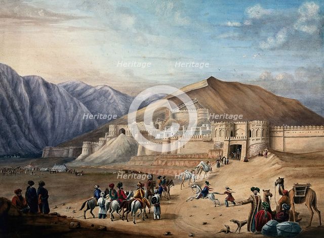 Horsemen assembled outside the city walls at Kabul, Afghanistan. Creator: Unknown.