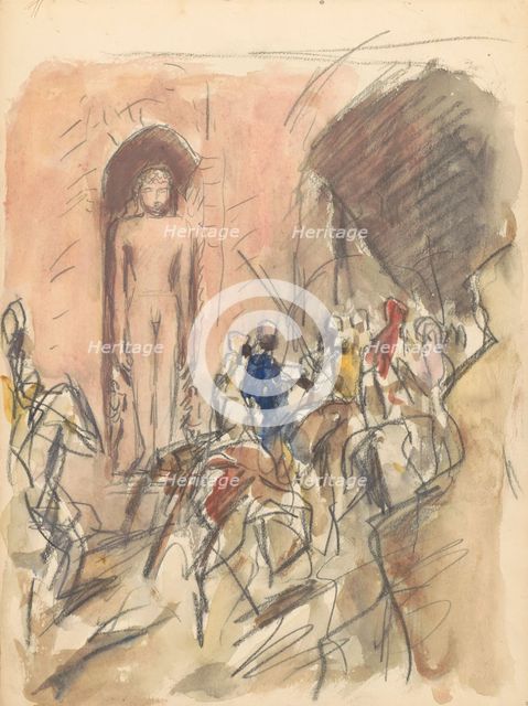 Horsemen in front of a niche with a statue of a Hindu god, 1924-1925. Creator: Marius Bauer.
