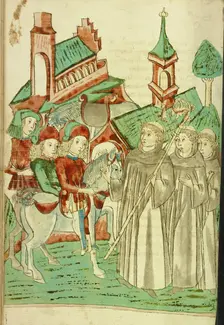 Horsemen Meeting an Abbot and Two Monks at a Monastery; Barlaam und Josaphat, 1469. Creators: Hans Schilling, Diebolt Lauber