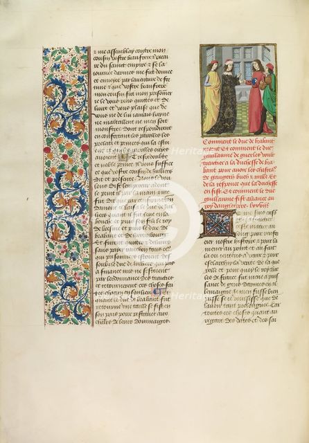 Horsemen Meeting an Abbot and Two Monks at a Monastery; Barlaam und Josaphat, 1469. Creators: Hans Schilling, Diebolt Lauber.