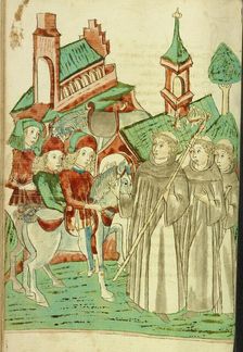 Horsemen Meeting an Abbot and Two Monks at a Monastery; Barlaam und Josaphat, 1469. Creators: Hans Schilling, Diebolt Lauber