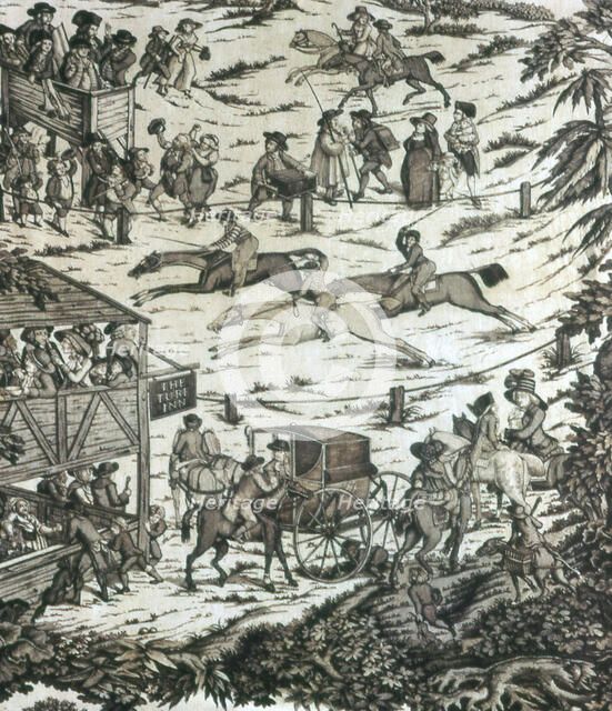 Horseracing at the Turf Inn (Furnishing Fabric), England, c. 1780. Creator: Unknown.