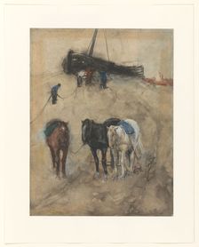 Horses on the beach, a barge and fishermen in the background, c.1867-c.1923. Creator: George Hendrik Breitner