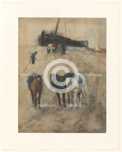 Horses on the beach, a barge and fishermen in the background, c.1867-c.1923. Creator: George Hendrik Breitner.