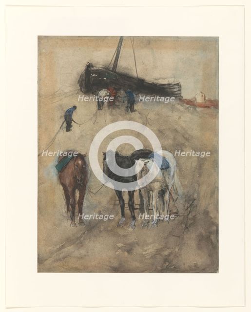 Horses on the beach, a barge and fishermen in the background, c.1867-c.1923. Creator: George Hendrik Breitner.
