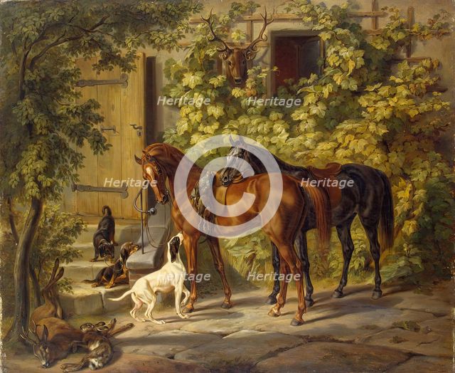 Horses at the Porch, 1843. Creator: Albrecht Adam.