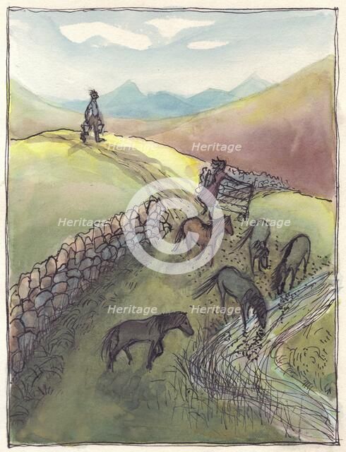 Horses drinking, 1952. Creator: Shirley Markham.