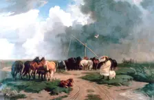 Horses in the Storm 1862. Artist: Karoly Lotz