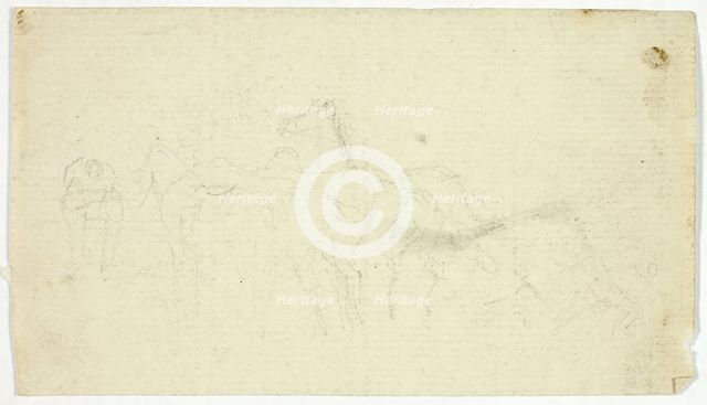 Horses with Groom (recto); Sketches of Peasant with Basket (verso), n.d. (recto); 1789/1843 (verso). Creator: William Henry Pyne.