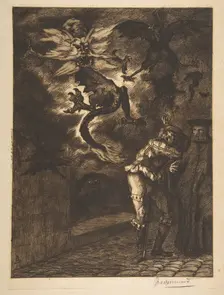 Hors de mon soleil, canailles! (Panurge sortant de chez Raminagrobis), 1854-1855. Creator: Felix Bracquemond