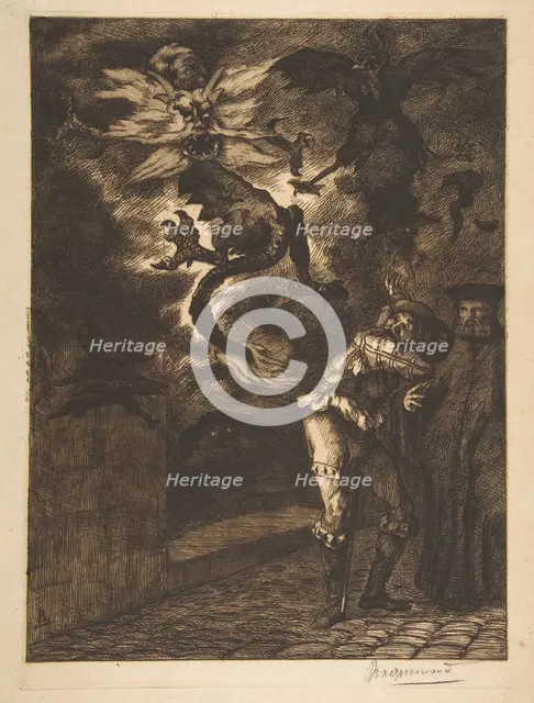 Hors de mon soleil, canailles! (Panurge sortant de chez Raminagrobis), 1854-1855. Creator: Felix Bracquemond.
