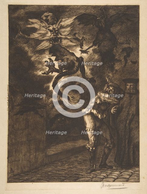Hors de mon soleil, canailles! (Panurge sortant de chez Raminagrobis), 1854-1855. Creator: Felix Bracquemond.