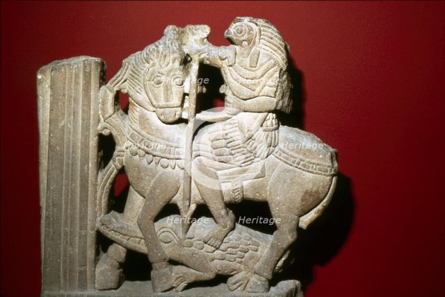 Horus on a Horse spears a Crocodile, Egyptian Sandstone, 5th century. Artist: Unknown.