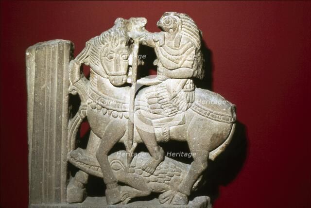 Horus on a Horse spears a Crocodile, Egyptian Sandstone, 5th century. Artist: Unknown.