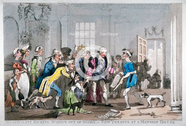 'Hospitality kicking Avarice out of doors; or, new tenants at the Mansion House', 1799. Artist: Anon