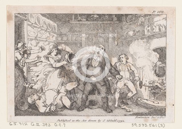 Hostess Discharges a Pan of Blood into the Face of Parson Andrews, from "The Adventures of..., 1792. Creator: Thomas Rowlandson.