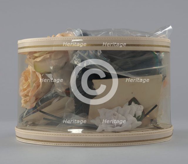 Hat box filled with tools and materials from Mae's Millinery Shop , 1941-1994. Creator: Unknown.