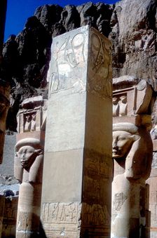 Hathor headed capitals in the Chapel of Hathor, Temple of Hatshepsut, Luxor, Egypt, c15th centuryBC
