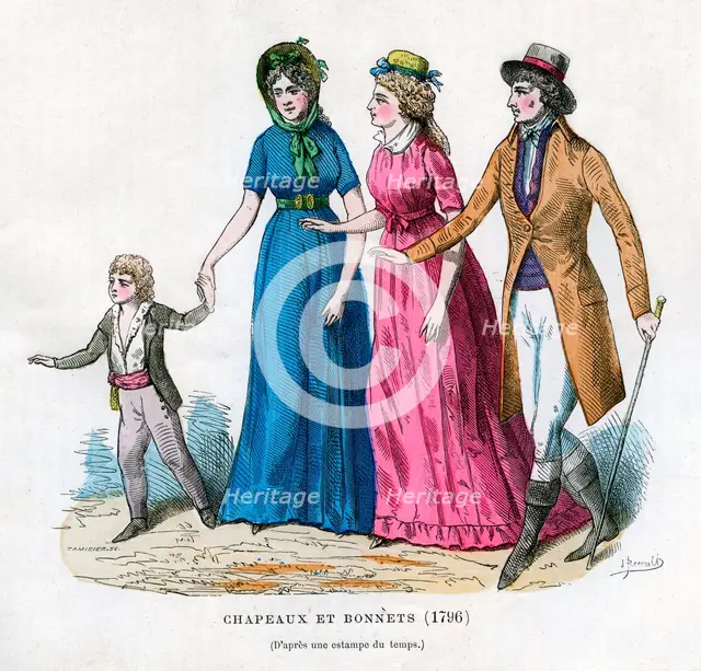 Hats and bonnets, 1796 (1882-1884).Artist: Tamisier