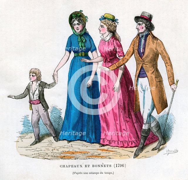 Hats and bonnets, 1796 (1882-1884).Artist: Tamisier