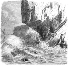 Hawaiian men surfing using wooden boards, c1895