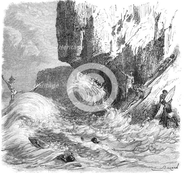 Hawaiian men surfing using wooden boards, c1895. Artist: Unknown