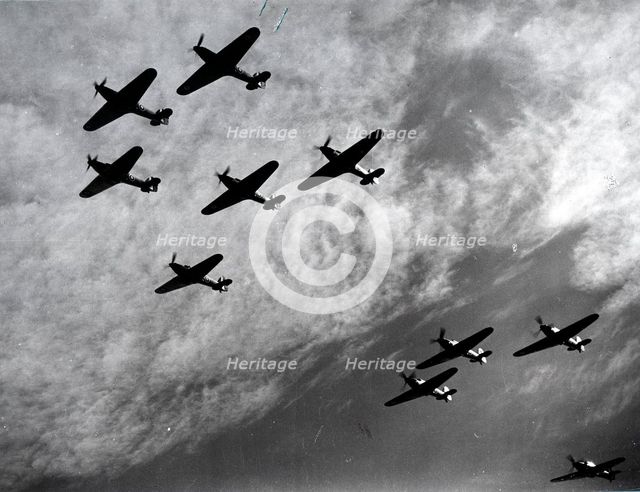 Hawker Hurricanes flying in formation, Battle of Britain, World War II, 1940. Artist: Unknown