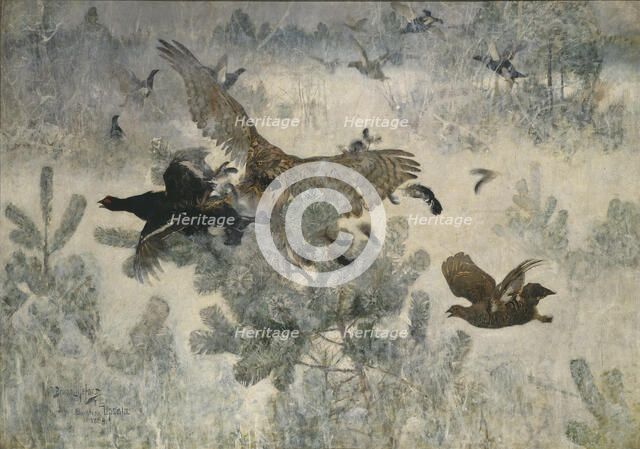 Hawk and Black-Game, 1884. Creator: Bruno Liljefors.