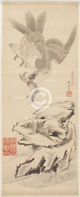 Hawk and fish, late 18th-early 19th century. Creator: Hokusai.