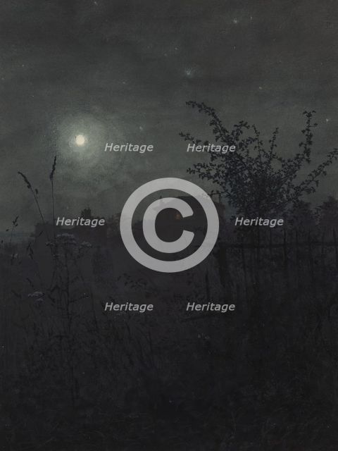 Hawthorn Trees in front of a Nocturnal Landscape with Houses in the Background, 1864. Creator: Leon Bonvin.