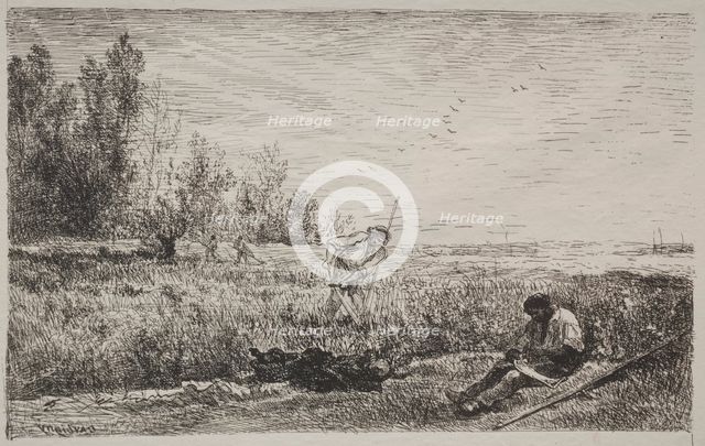 Hay-making, original impression 1862, printed in 1921. Creator: Charles François Daubigny (French, 1817-1878).